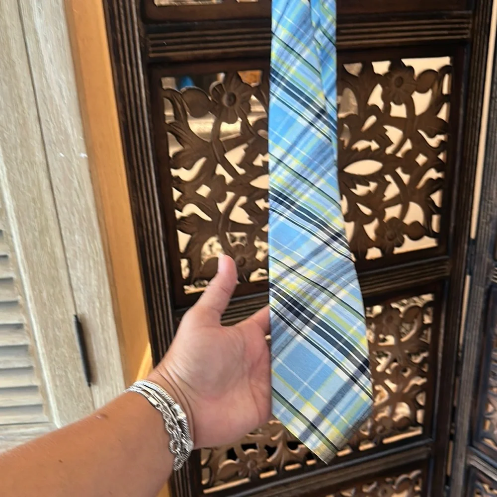 J. Khaki Blue / Yellow / White Plaid Necktie / Tie.